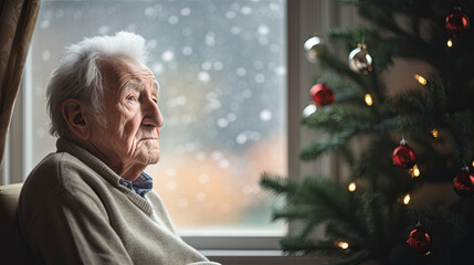 Einsames Weihnachten: Ein alleinstehender Rentner oder Witwer verbringt die Feiertage allein und schaut traurig und melancholisch aus dem Fenster, älterer Mann sitzt einsam neben dem Weihnachtsbaum - obrazy, fototapety, plakaty