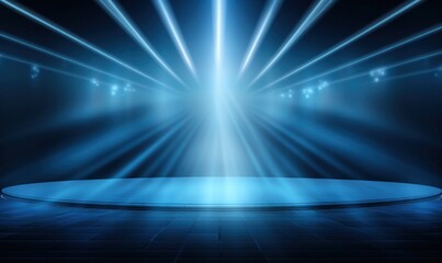 Elegant empty stage spotlight with brilliant blue beam illuminating a dark theatrical platform