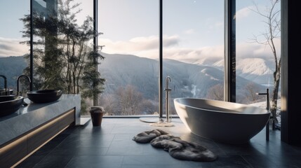 A bathroom with a tub and a mountain view
