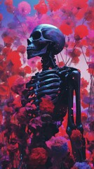 A painting of a skeleton in a field of flowers
