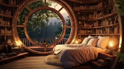 A bedroom with a circular window and a bed