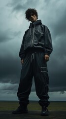 A man in a black jacket and pants standing in a field