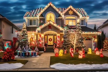 Fototapeta premium Beautiful Christmas Light Display on Typical Suburban Home, Holiday Decoration, Bright Light Show