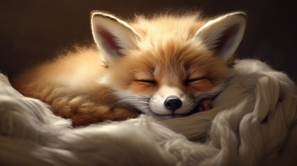 Obraz premium A sleeping fox is curled up on a blanket