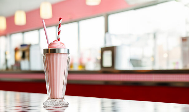 Retro romantic creative strawberry milkshake with cherry on top on retro diner and pastel pink background. 70s, 80s or 90s retro fashion aesthetic idea. Valentines day romantic idea. Copy space