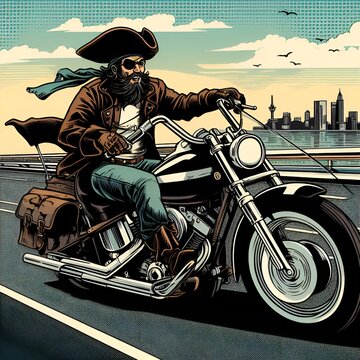 Pirate biker on chopper-style motorcycle riding along highway in scenic area