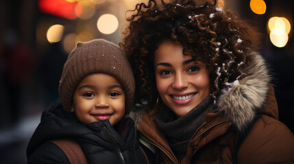 A smiling mixed race black mom and child in the city square, winter season, happy holidays. 
