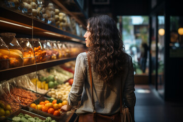 Obraz premium A woman shopping products in a grocery store, considering nutrition, prices, and ingredients, demonstrating informed consumer behavior. 