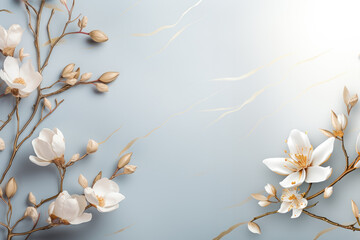Golden magnolia branches on elegant light blue background. Wedding invitations, greeting cards,...