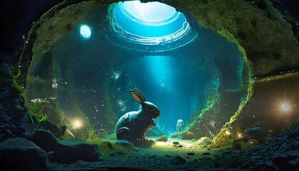 Mystery Cave with Science Fiction Building. Video Game Digital CG Artwork, Concept Illustration, Realistic Cartoon Style Background. Mythical 3D image of extraordinary landscape