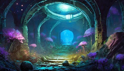 Mystery Cave with Science Fiction Building. Video Game Digital CG Artwork, Concept Illustration, Realistic Cartoon Style Background. Mythical 3D image of extraordinary landscape