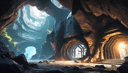 Mystery Cave with Science Fiction Building. Video Game Digital CG Artwork, Concept Illustration, Realistic Cartoon Style Background. Mythical 3D image of extraordinary landscape