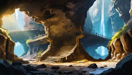 Mystery Cave with Science Fiction Building. Video Game Digital CG Artwork, Concept Illustration, Realistic Cartoon Style Background. Mythical 3D image of extraordinary landscape