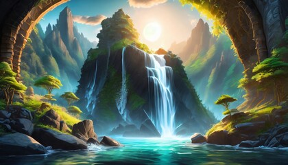 Mystery Cave with Science Fiction Building. Video Game Digital CG Artwork, Concept Illustration, Realistic Cartoon Style Background. Mythical 3D image of extraordinary landscape