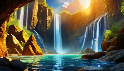 Mystery Cave with Science Fiction Building. Video Game Digital CG Artwork, Concept Illustration, Realistic Cartoon Style Background. Mythical 3D image of extraordinary landscape