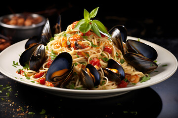 Gourmet seafood linguini with clams and mussels - obrazy, fototapety, plakaty
