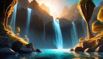 Mystery Cave with Science Fiction Building. Video Game Digital CG Artwork, Concept Illustration, Realistic Cartoon Style Background. Mythical 3D image of extraordinary landscape