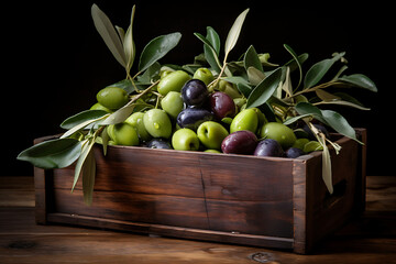 Olives and leaves in a vintage wooden crate