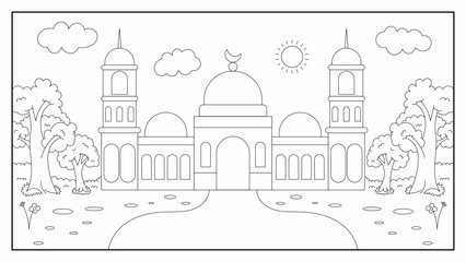 Mosque Coloring Page Illustration For Kid. Collection Of Coloring Book