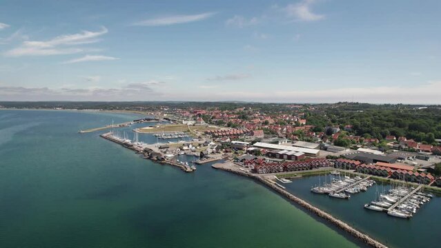Drone View of Costal Town and Harbor Full of Yachts Sailboats and Vessels
