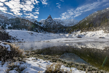 Lake Funtensee near Kärlinghaus during Snowy Winter in the European Alps, Germany, Europe