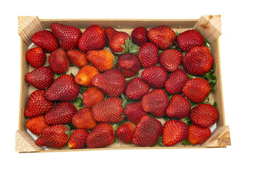 Fresh strawberries in wooden box on white background. - 668035408