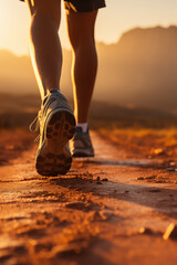 Close-up at the trail runner's feet during running on dirt terrain route with beautiful hill range with orange sunlight shade as background. Extreme sport activity scene.  - obrazy, fototapety, plakaty