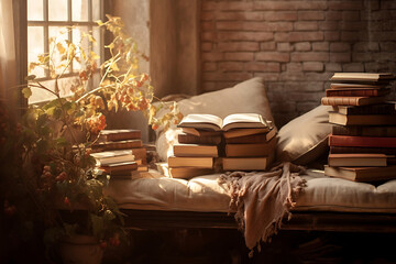 Old books and a reading nook bathed in soft light - obrazy, fototapety, plakaty