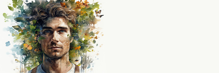 Obraz premium Mental health support and resources. Eco style life. Double exposure of male head with background of nature, plants and forest. Watercolor painting style. Banner white background, copy space