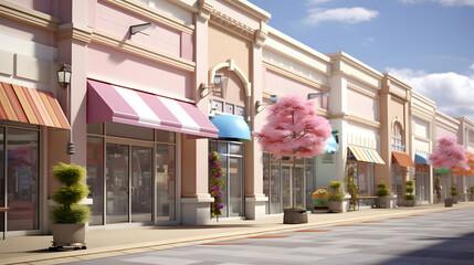 Pastel storefront mall, soft pink building