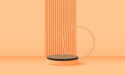 Cosmetic orange background with premium podium and geometric circle shape in neon. Minimal layout of a wall stage, a showcase for product demonstration.