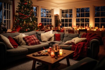 Festive Living Room Setting for a Cozy Christmas Party, Ambience, Holiday Decorations in Inviting Home