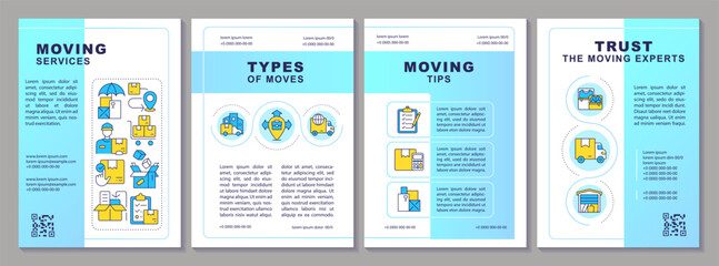 2D moving service multicolor brochure template, leaflet design with thin line icons, 4 vector layouts.
