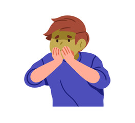 Kids nausea, intoxication. Ill sick child vomiting, suffering from food poisoning, puke. Green-faced boy feeling unwell, disgust, health problem. Flat vector illustration isolated on white background