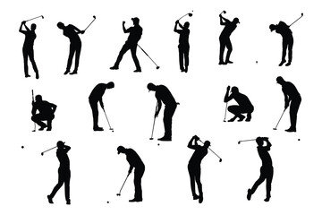 Vector silhouettes of collection of male golf players, equipment for design in trendy flat style isolated on white background. Symbols for designing your website, logo, app, publications.