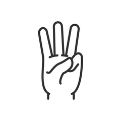 Three, gesture forefinger middle and ring finger, linear icon. Line with editable stroke