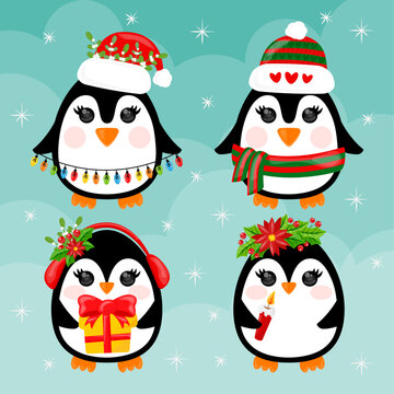 Penguin. Cute penguins in winter clothing and hat, merry christmas greetings animals in outerwear