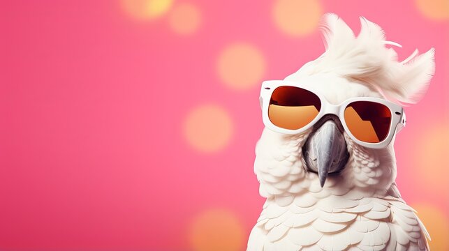 Closeup of White Cockatoo Parrot in Stylish sunglasses on a pastel pink background - tropical pet bird, fun summer vacation, and birthday party invitation