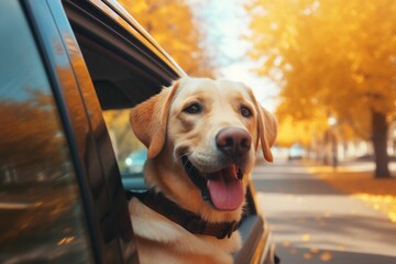 A happy dog labrador retriever peeks out of a car window while driving.