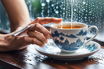 Fototapeta na wymiar drinking tea by a rainy window. Generative AI