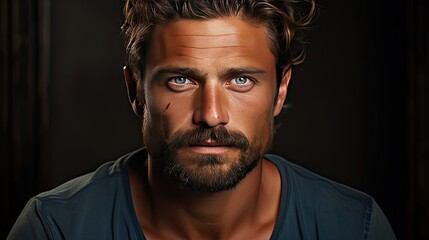 Fototapeta premium Close up portrait of smiling handsome guy in blue t-shirt on gray background. Model portrait illustration. Generative AI