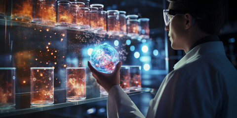 Research and development concept. Double exposure image of scientific researcher or doctor in lab coat working with blue hologram on glass test tube. Experienced scientist working in the laboratory. 