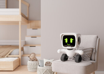 Cute robot at home, in kids room. Artificial intelligence for education, digital technology. Robotics, sci-fi. Technological progress. Robots for learning or playing with children. 3D render.