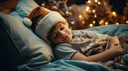 Happy child lying in bed alone in hospital room with Santa Claus hat during Christmas holiday. Cool Christmas concept. Generative AI