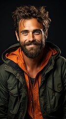 Obraz premium Smiling bearded young male model rejoices coming weekends, dressed casually, over background. Man face portrait illustration. Generative AI