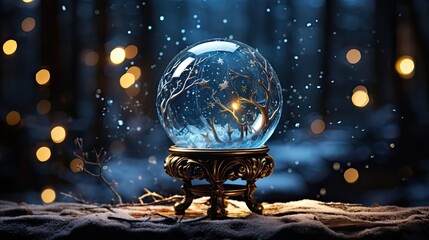 Frozen snow globe christmas magic ball with flying snowflakes. Winter Background. Christmas snow globe. Generative AI