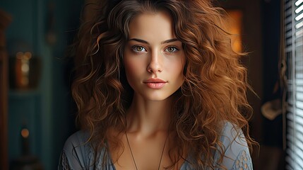 Fototapeta premium Closeup portrait of a face of the young pretty girl with a healthy skin. Beautiful face of young white woman with a clean skin. Skin care concept. Woman portrait illustration. Generative AI