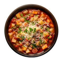 Top View of a Bowl of Minestrone Soup Isolated on Transparent or White Background, PNG