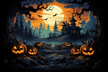 Fototapeta premium halloween concept. scary pumpkin and house. with fantastic background. generative ai