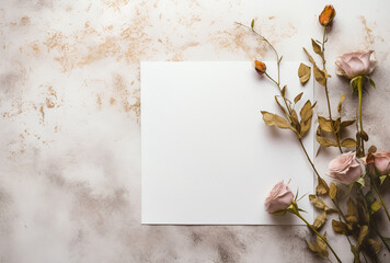 Blank white card mockup with dried flowers on beige background. White marble background with dried...